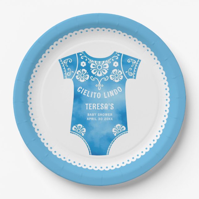 Cielito Lindo blue bodysuit boy baby shower Paper Plate (Front)