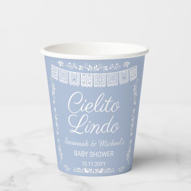 Cielito Lindo Blue Papel Picado Baby Shower  Paper Cups (Front)