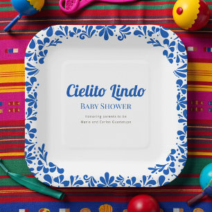 Cielito Lindo Blue Talavera Floral Baby Shower  Paper Plate