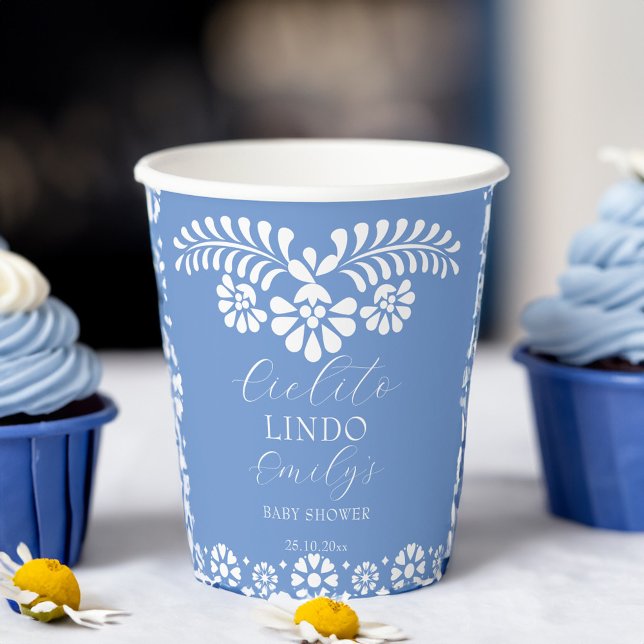 Cielito lindo dusty blue Mexican baby shower Paper Cups (Cielito lindo dusty blue Mexican baby shower personalized Paper Cups Papel picado custom paper cups)