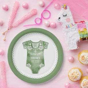 Cielito Lindo sage green bodysuit baby shower Paper Plate