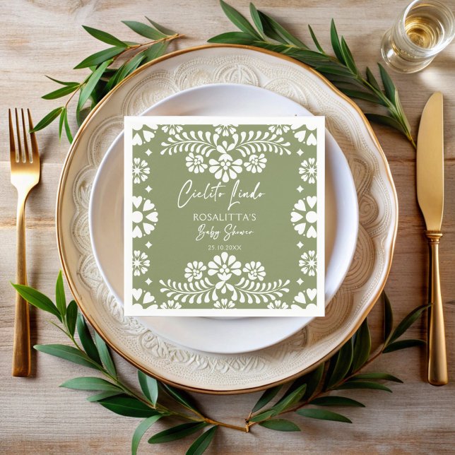 Cielito lindo sage green Mexican baby shower Napkin (Cielito lindo sage green Mexican fiesta papel picado baby shower monogrammed personalized Napkins)
