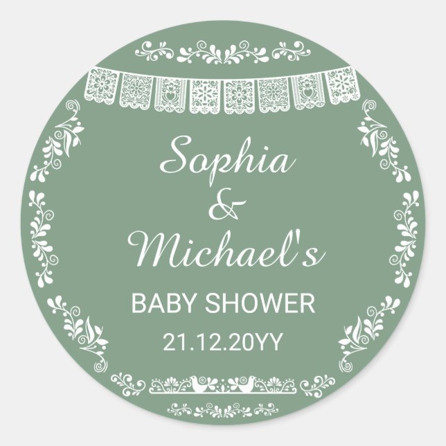 Cielito Lindo Sage Green Papel Picado Baby Shower Classic Round Sticker (Front)