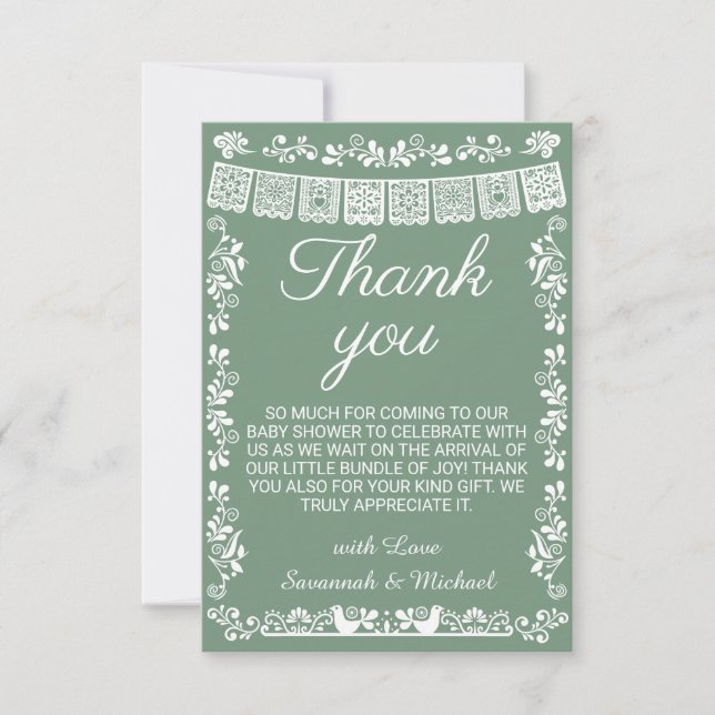 Cielito Lindo Sage Green Papel Picado Baby Shower Thank You Card (Front)