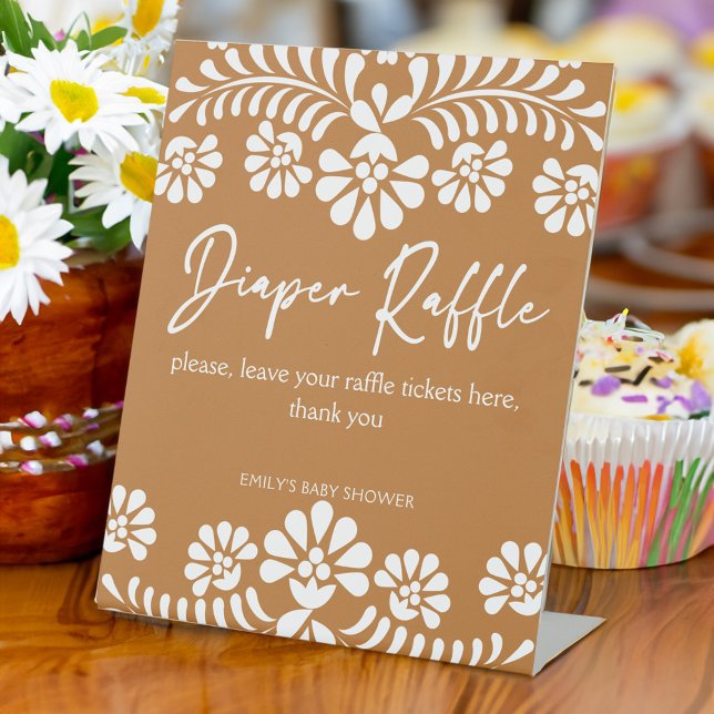 Cielito lindo terracotta baby shower diaper raffle pedestal sign (Cielito lindo terracotta Mexican fiesta Papel Picado  baby shower diaper raffle pedestal sign)