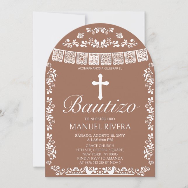 Cielito Lindo Terracotta Boy Bautizo Arch Invitation (Front)