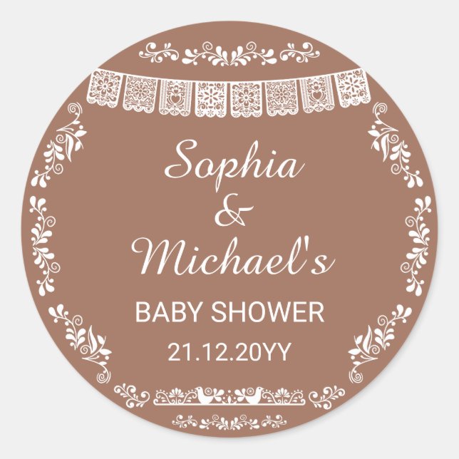 Cielito Lindo Terracotta Papel Picado Baby Shower Classic Round Sticker (Front)