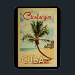 Cienfuegos Palm Tree Vintage Travel Magnet<br><div class="desc">A uniquely retro mid-century modern Cienfuegos Cuba art print in vintage travel poster style. It features a curved palm tree on sandy beach with ocean under a blue cloudy sky.</div>