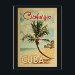 Cienfuegos Palm Tree Vintage Travel Postcard<br><div class="desc">A uniquely retro mid-century modern Cienfuegos Cuba art print in vintage travel poster style. It features a curved palm tree on sandy beach with ocean under a blue cloudy sky.</div>