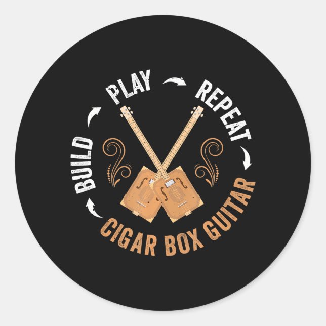 Cigar Box Guitar Build Play Repeat Cbg Classic Round Sticker (Front)