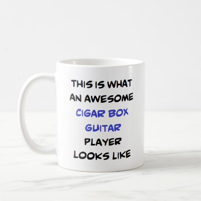 cigar box guitar player, awesome coffee mug (Left)