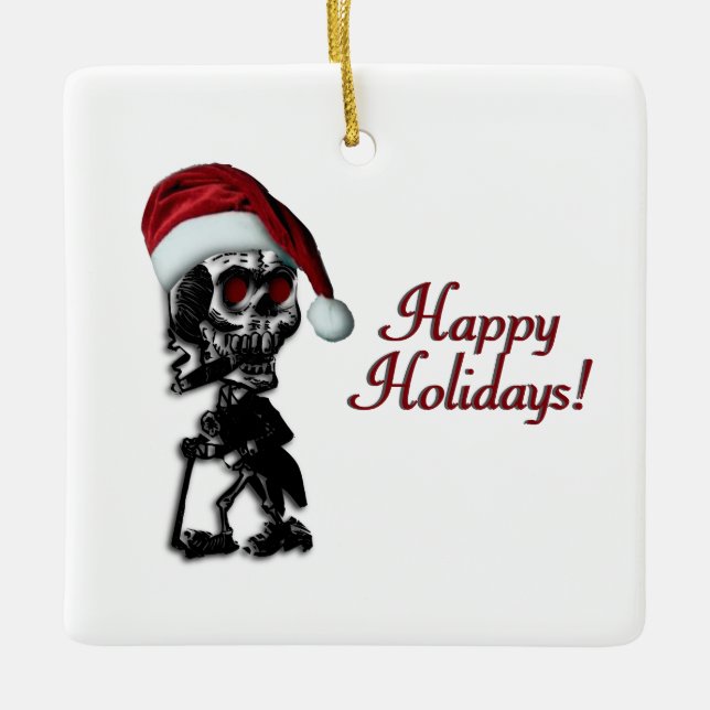 Cigar Smoking Christmas Skeleton Happy Holidays Ceramic Ornament (Front)