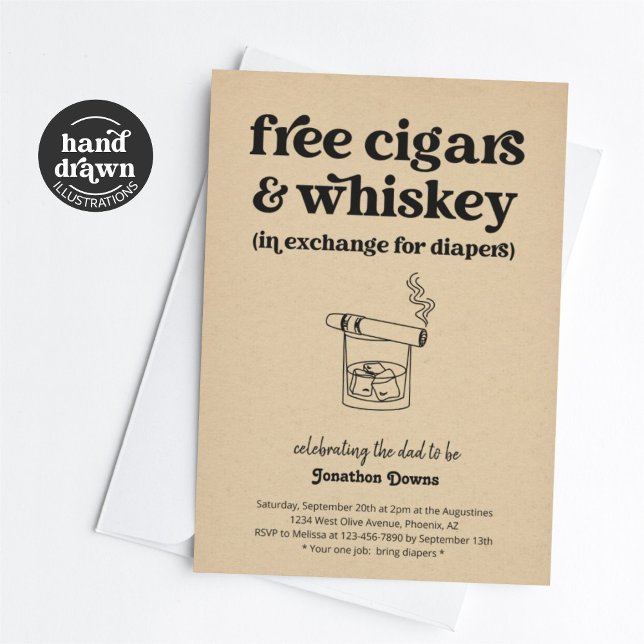 Cigar Whiskey Diaper Party Funny Men Dad Shower Invitation (Creator Uploaded)