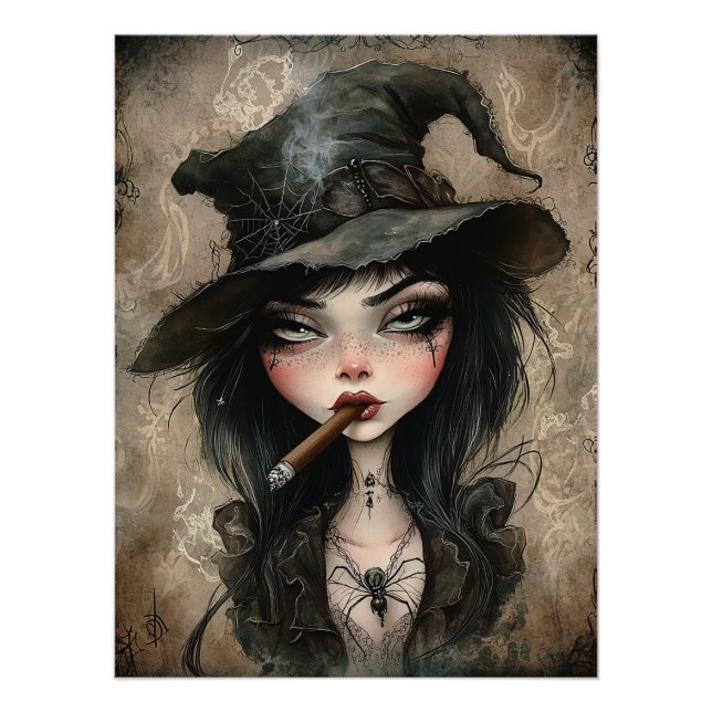 Cigar Witch Brown Gothic Halloween Art Print (Front)