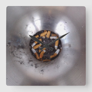Cigaret Butts in Silver Smokers Ashtray, Funny Square Wall Clock