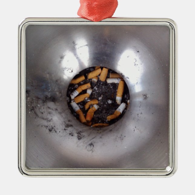 Cigarette Butts in Silver Smokers Ashtray, Funny Metal Tree Decoration (Front)