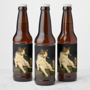 Cigarette Kitten Funny Smoking Cat Gen Z Meme Beer Bottle Label