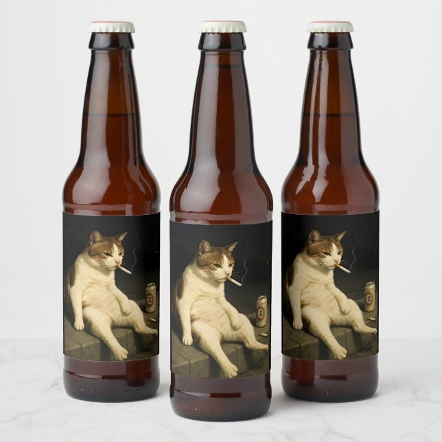 Cigarette Kitten Funny Smoking Cat Gen Z Meme Beer Bottle Label (Bottles)