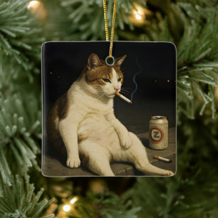 Cigarette Kitten Funny Smoking Cat Gen Z Meme Ceramic Ornament