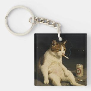 Cigarette Kitten Funny Smoking Cat Gen Z Meme Key Ring
