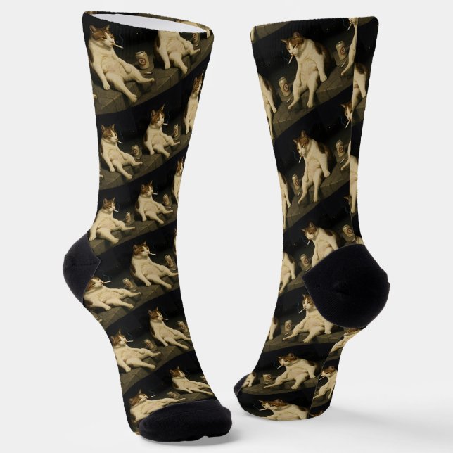 Cigarette Kitten Funny Smoking Cat Gen Z Meme Socks (Angled)