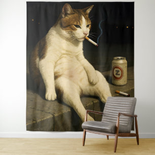 Cigarette Kitten Funny Smoking Cat Gen Z Meme Tapestry