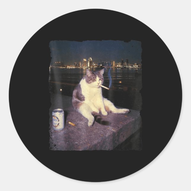 Cigarette Kitten Funny Smoking Cat Meme Stud Brain Classic Round Sticker (Front)