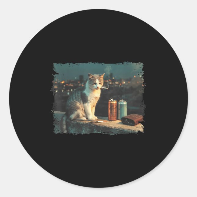 Cigarette Kitten Funny Smoking Cat Meme Stud Brain Classic Round Sticker (Front)