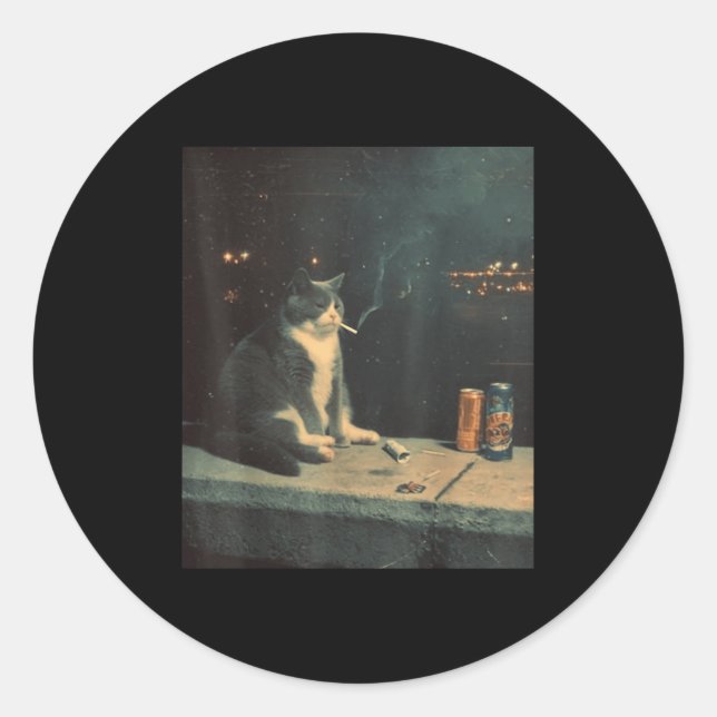 Cigarette Kitten Funny Smoking Cat Meme Stud Brain Classic Round Sticker (Front)
