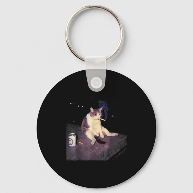 Cigarette Kitten Funny Smoking Cat Meme Stud Brain Key Ring (Front)