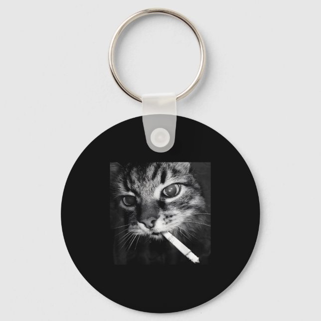 Cigarette Kitten Funny Smoking Cat Meme Stud Brain Key Ring (Front)