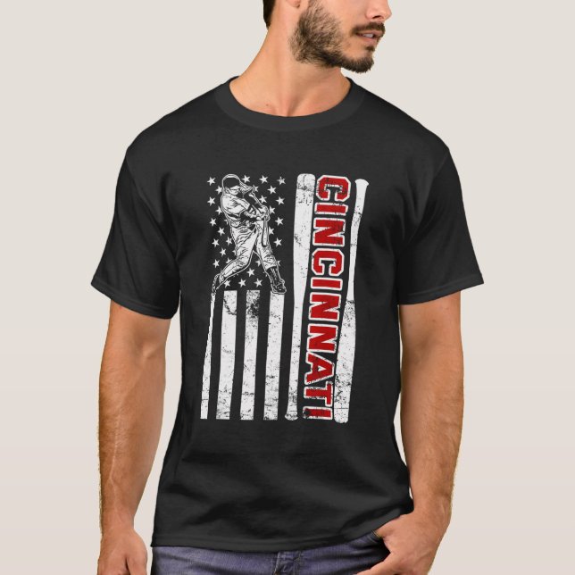 Cincinnati Baseball American Flag Vintage Baseball T-Shirt (Front)