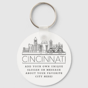 Cincinnati, Ohio Stylised Skyline   Custom Slogan Key Ring