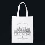 Cincinnati, Ohio Wedding| Stylized Line Reusable Grocery Bag<br><div class="desc">A unique wedding bag that takes place in beautiful Cincinnati,  Ohio. This bag features a stylized illustration of the unique landscape of the city with its name below. This is followed by wedding day information in a matching open style.</div>