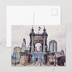 Cincinnati Roebling Suspension Bridge Watercolor Postcard