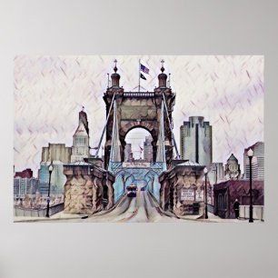 Cincinnati Roebling Suspension Bridge Watercolor  Poster