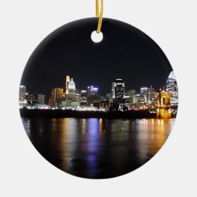 Cincinnati skyline at night ceramic tree decoration (Front)