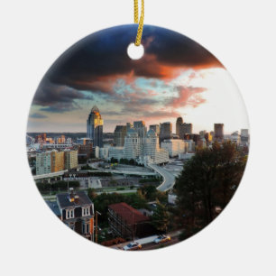 Cincinnati skyline at sunset ceramic tree decoration