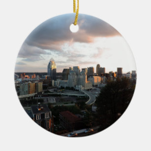 Cincinnati skyline at sunset ceramic tree decoration