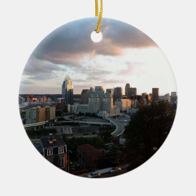Cincinnati skyline at sunset ceramic tree decoration (Front)