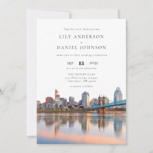Cincinnati Skyline Watercolor Photo Wedding Invitation