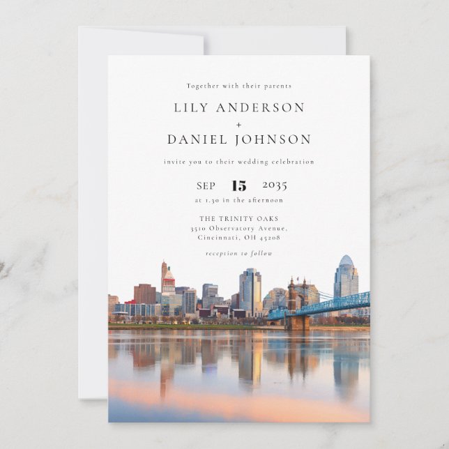 Cincinnati Skyline Watercolor Photo Wedding Invitation (Front)