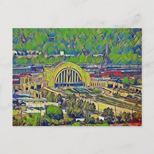 Cincinnati Union Terminal From Above Painting Postcard (Front)