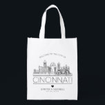 Cincinnati Wedding | Stylised Skyline Reusable Grocery Bag<br><div class="desc">A unique wedding bag for a wedding taking place in the beautiful city of Cincinnati,  Ohio. This bag features a stylised illustration of the city's unique skyline with its name underneath. This is followed by your wedding day information in a matching open lined style.</div>