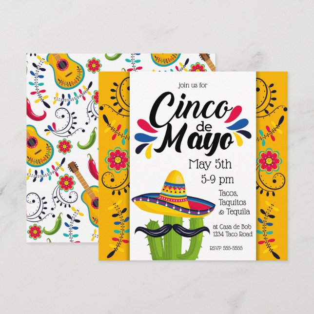 Cinco de Mayo Cactus Folk Flowers Invitation (Front/Back)