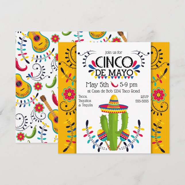 Cinco de Mayo Cactus Maracas Folk Invitation (Front/Back)