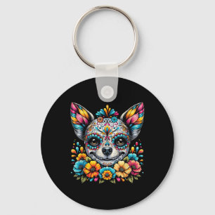 Cinco De Mayo Chihuahua Dog Sugar Skull Flower Key Ring