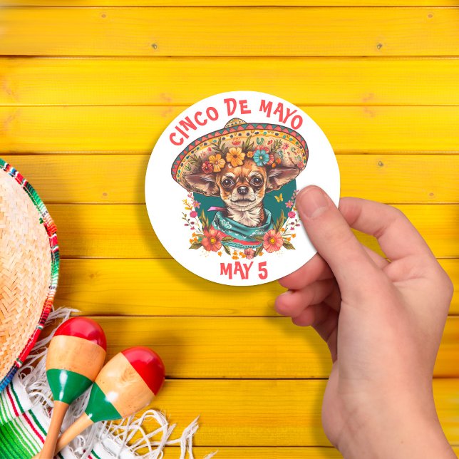 Cinco de Mayo Chihuahua Wearing Sombrero & Serape Classic Round Sticker (Creator Uploaded)