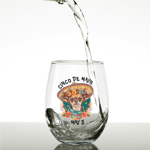 Cinco de Mayo Chihuahua Wearing Sombrero & Serape Stemless Wine Glass