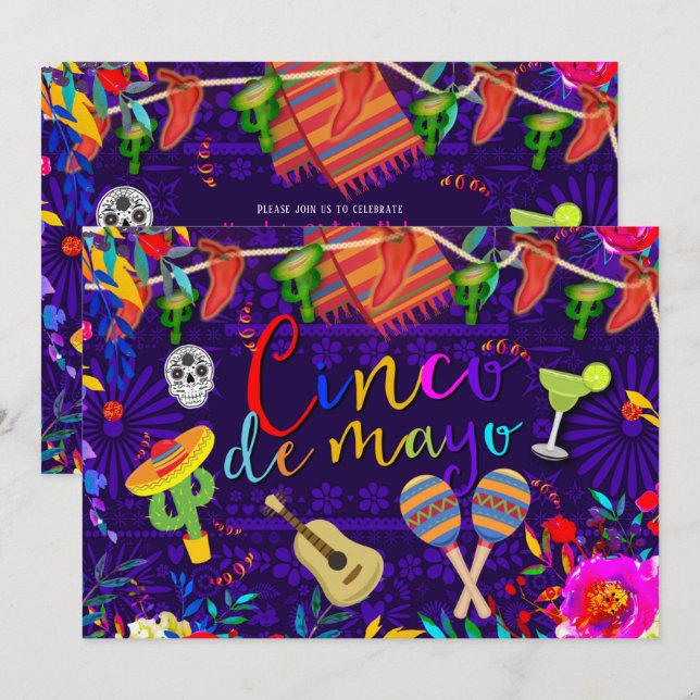 Cinco De Mayo Colourful Celebration Fiesta Party Invitation (Front/Back)
